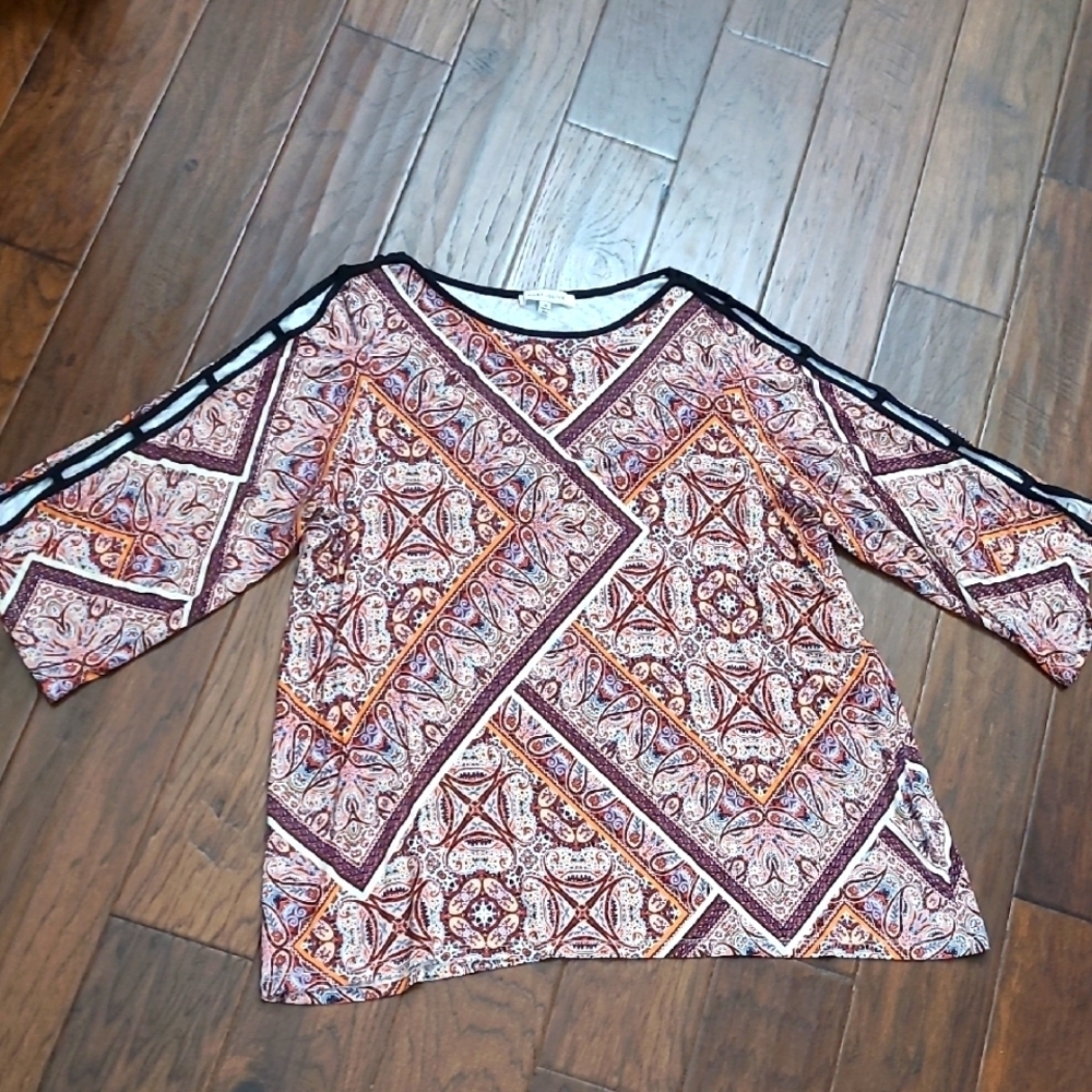 Rose & Olive Colorful Abstract Paisley Print Blouse with Open Sleeves size 2X